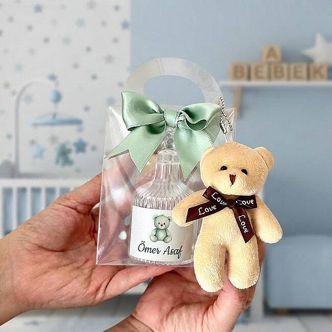 BEBEK HEDİYELİĞİ, ŞEFFAF ÇANTA İÇİNDE MUM VE AYICIK ANAHTARLIK - 1