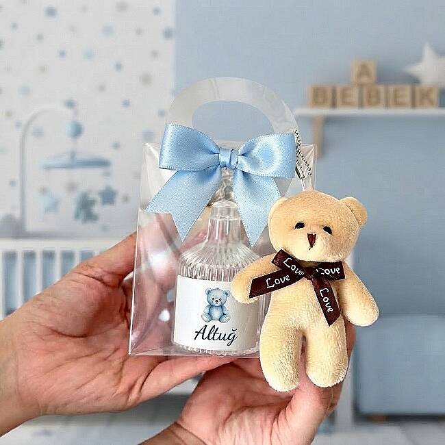 BEBEK HEDİYELİĞİ, ŞEFFAF ÇANTA İÇİNDE MUM VE AYICIK ANAHTARLIK - 4