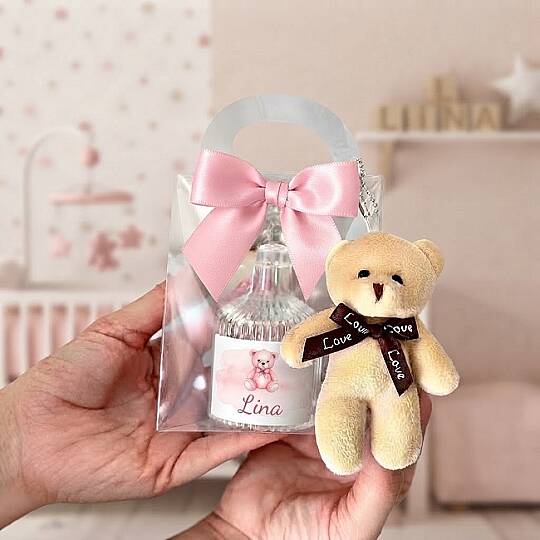 BEBEK HEDİYELİĞİ, ŞEFFAF ÇANTA İÇİNDE MUM VE AYICIK ANAHTARLIK - 3