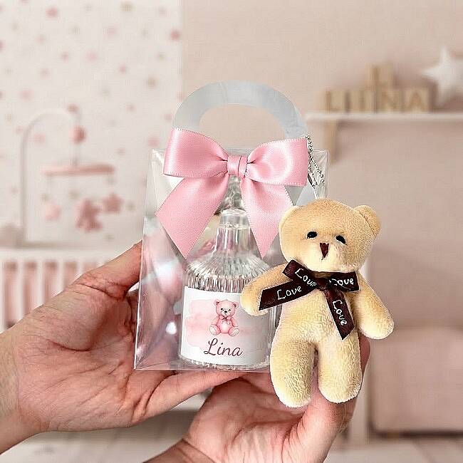 BEBEK HEDİYELİĞİ, ŞEFFAF ÇANTA İÇİNDE MUM VE AYICIK ANAHTARLIK - 3