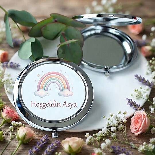 BEBEK HEDİYELİK, GÖKKUŞAĞI TASARIM CEP AYNASI, GÜMÜŞ