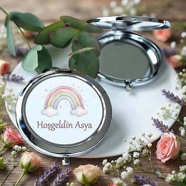 BEBEK HEDİYELİK, GÖKKUŞAĞI TASARIM CEP AYNASI, GÜMÜŞ - 1