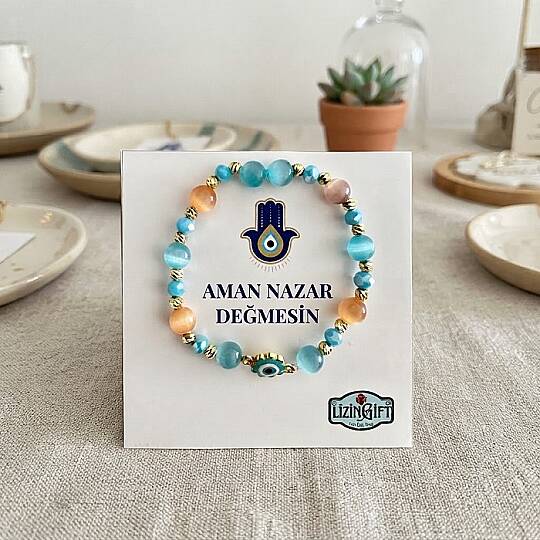 BİLEKLİK, AMAN NAZAR DEĞMESİN, KEDİ GÖZÜ TAŞLI, MAVİ ÇİÇEK NAZAR