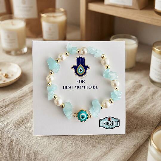 BİLEKLİK, FOR BEST MOM TO BE, AKUAMARİN TAŞLI, MAVİ ÇİÇEK NAZAR