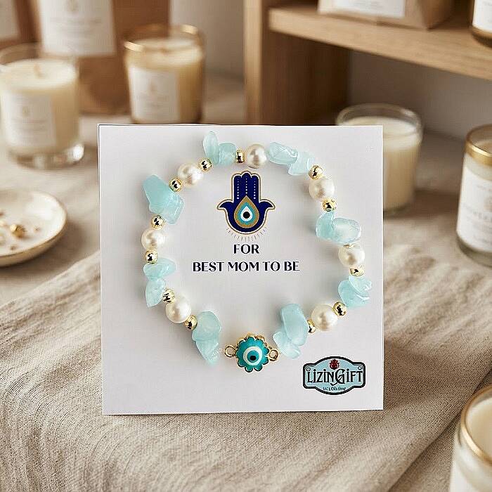 BİLEKLİK, FOR BEST MOM TO BE, AKUAMARİN TAŞLI, MAVİ ÇİÇEK NAZAR - 1