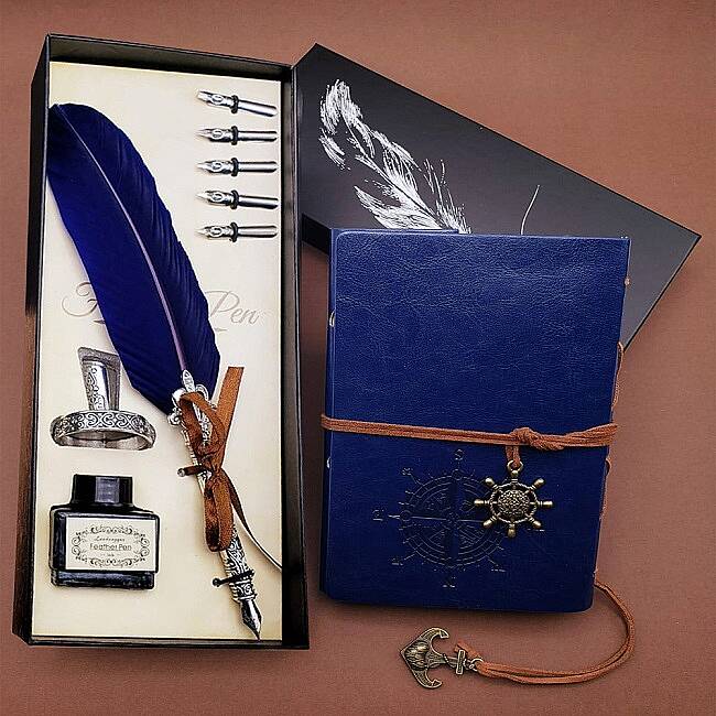DERİ DEFTER & TÜYLÜ DİVİT KALEM SETİ, LACİVERT - 1