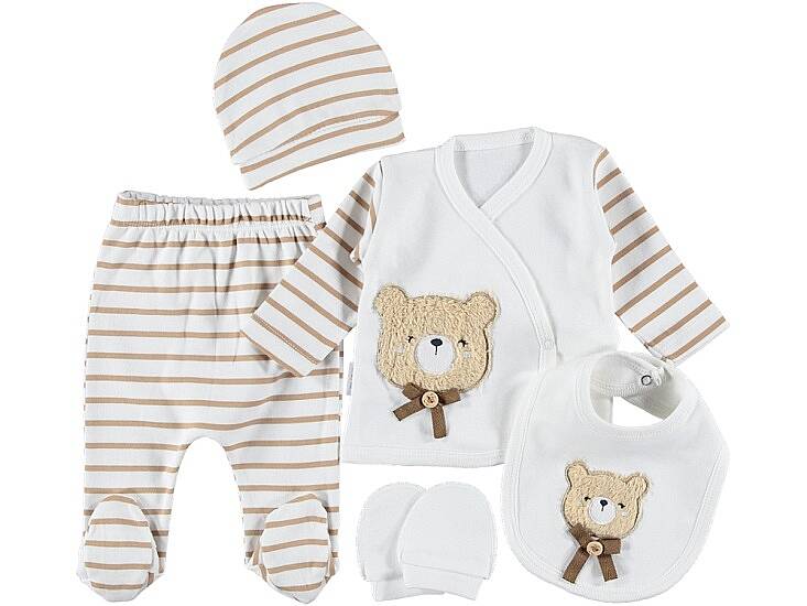ERKEK BEBEK ÇİZGİLİ AYICIK 5'Lİ ORGANİK SET, KAHVERENGİ - 1