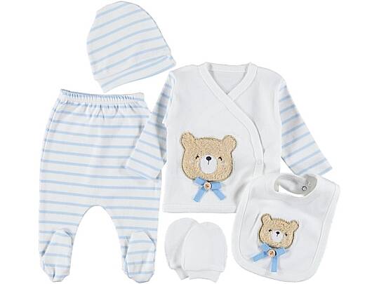ERKEK BEBEK ÇİZGİLİ AYICIK 5'Lİ ORGANİK SET, MAVİ