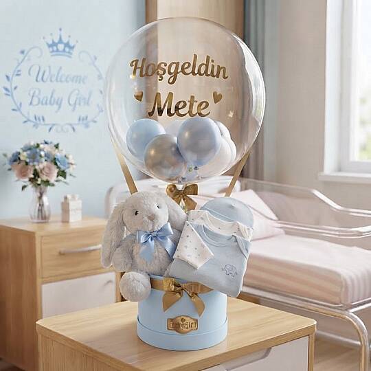 ERKEK BEBEK, KIYAFETLİ VE UYKU ARKADAŞLI HEDİYE BALON KUTUSU, İSİMLİ