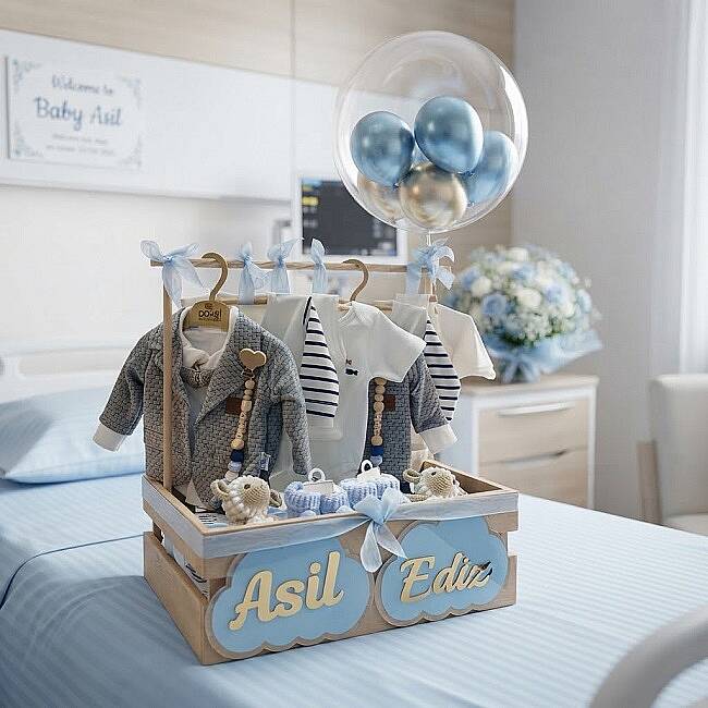 İKİZ ERKEK BEBEK AHŞAP KASADA HEDİYE SETİ  - 1
