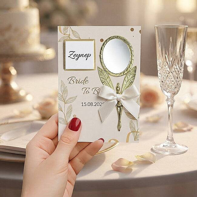 KİŞİYE ÖZEL HEDİYELİK, KARTLI ''BRIDE TO BE'' ÇİKOLATA & PERİ KIZI AYNA - 1