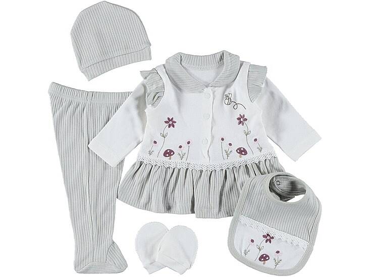 KIZ BEBEK ARI ÇİÇEK NAKIŞLI 5'Lİ ORGANİK SET, YEŞİL - 1
