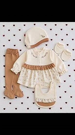 KIZ BEBEK ÇİÇEK İŞLEMELİ 5'Lİ ORGANİK SET, CAPPUCINO - 1