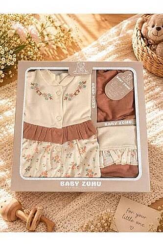 KIZ BEBEK ÇİÇEK İŞLEMELİ 5'Lİ ORGANİK SET, CAPPUCINO - 2