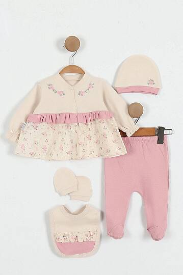 KIZ BEBEK ÇİÇEK İŞLEMELİ 5'Lİ ORGANİK SET, GÜL KURUSU