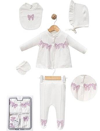 KIZ BEBEK İNCİ İŞLEMELİ 5'Lİ ORGANİK SET, LİLA FİYONK