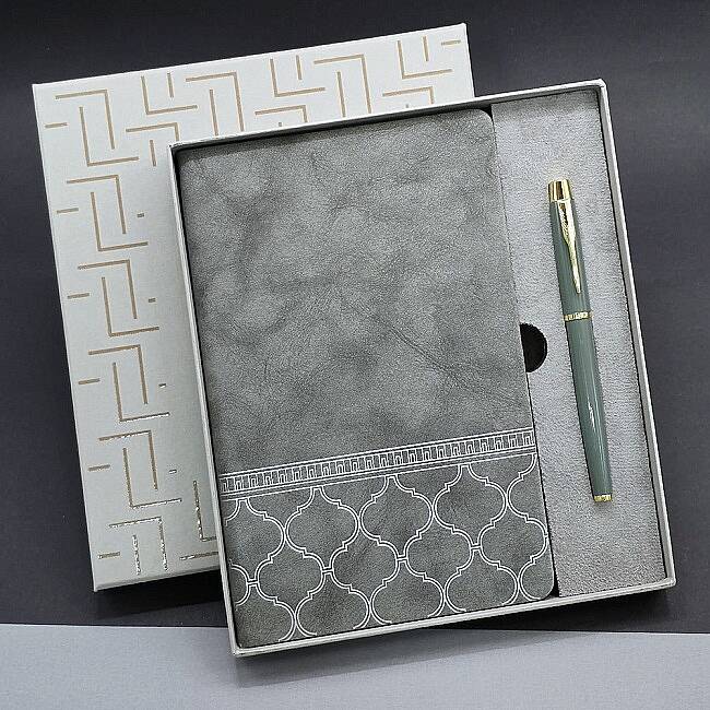 KUTULU VIP DERİ DEFTER & KALEM SETİ, GRİ - 1