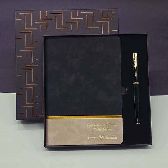 KUTULU VIP DERİ DEFTER & KALEM SETİ, SİYAH