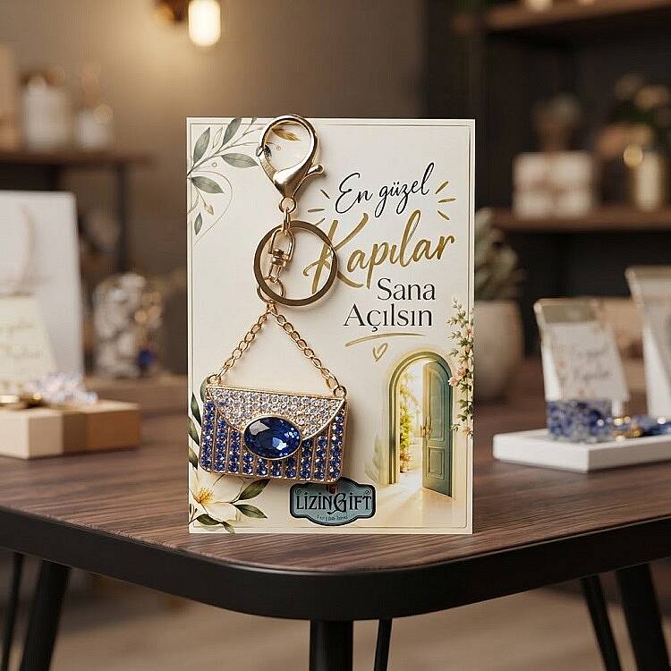 ÇANTA MODEL, MOTTO KARTLI, RENKLİ TAŞLI METAL ANAHTARLIK - 1