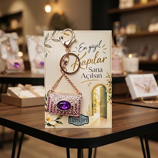 ÇANTA MODEL, MOTTO KARTLI, RENKLİ TAŞLI METAL ANAHTARLIK - 2