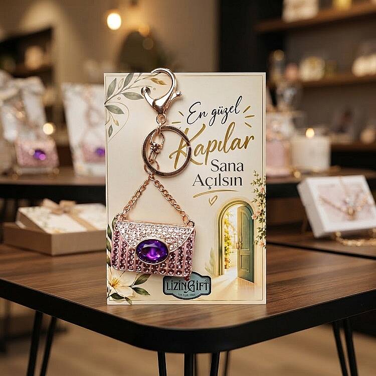 ÇANTA MODEL, MOTTO KARTLI, RENKLİ TAŞLI METAL ANAHTARLIK - 2