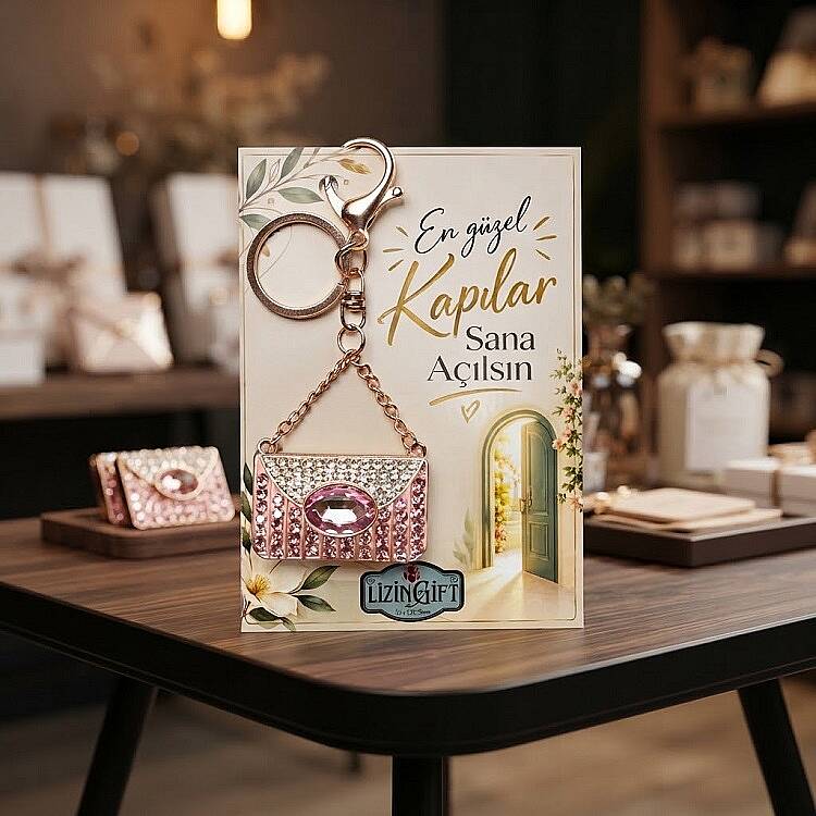 ÇANTA MODEL, MOTTO KARTLI, RENKLİ TAŞLI METAL ANAHTARLIK - 3