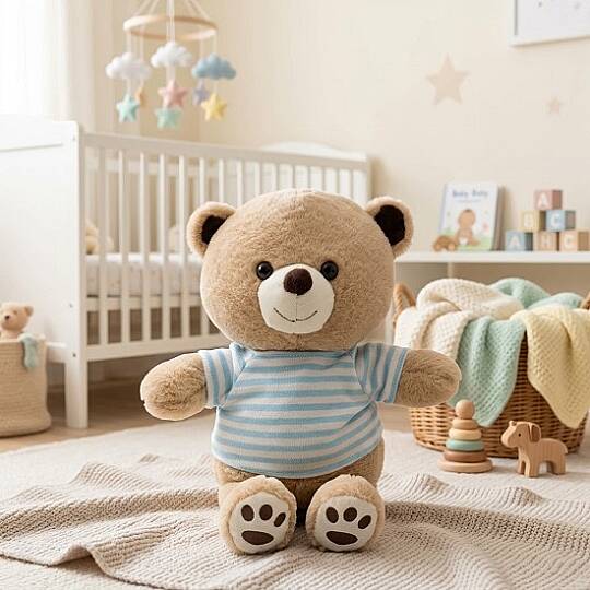 PELUŞ AYICIK, 30 CM, ÇİZGİLİ KIYAFETLİ, MAVİ 