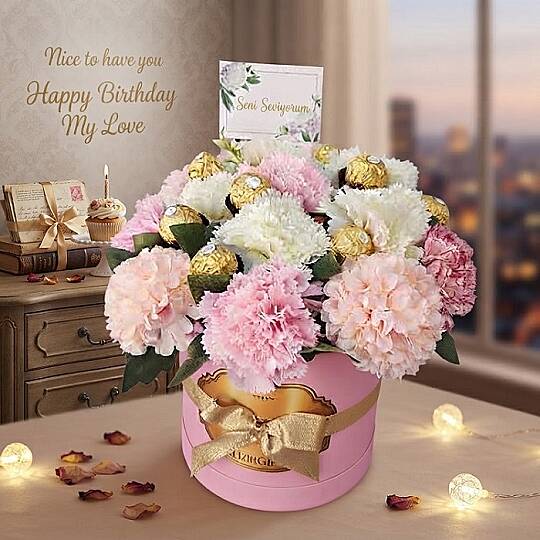SEVGİLİYE FERRERO ROCHER ÇİKOLATA & KARIŞIK ARANJMAN ÇİÇEK KUTUSU 