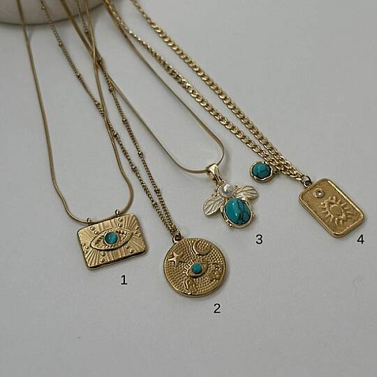 TURKUAZ DETAYLI GOLD İTHAL ÇELİK KOLYE, NO 4
