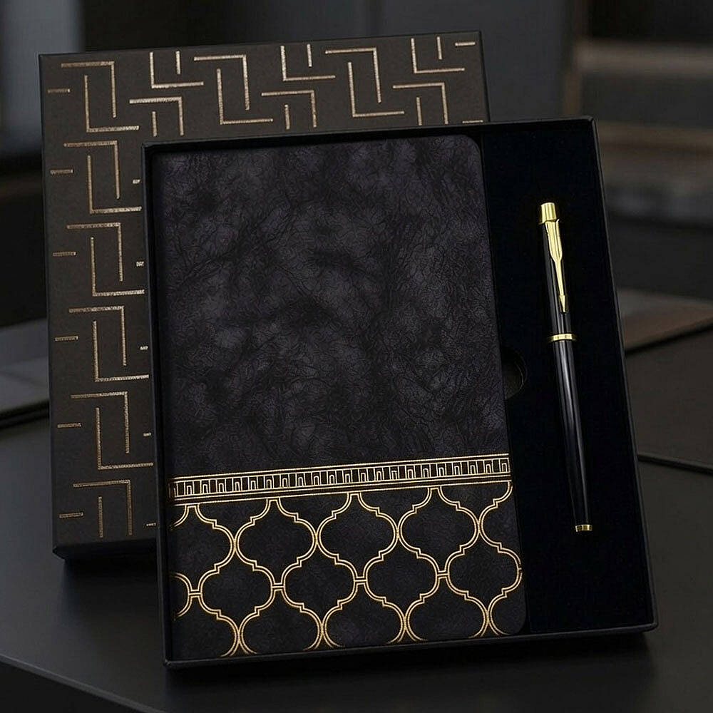KUTULU VIP DERİ DEFTER & KALEM SETİ, SİYAH - 1