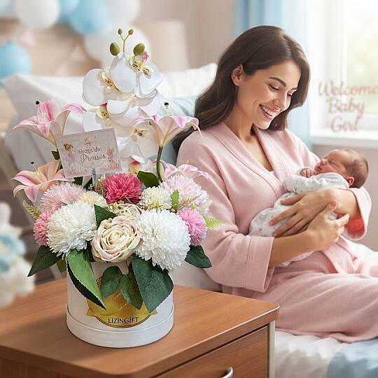 YENİDOĞAN BEBEK YAPAY ORKİDELİ ÇİÇEK KUTUSU - 3